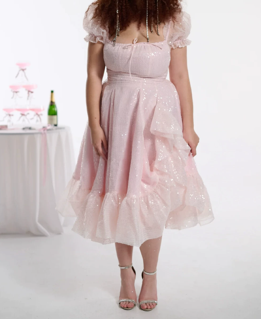 Dreamy Square Neck Prom Dress Pink Sequins A-Line Evening Dress D0410