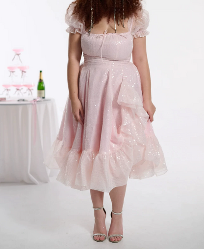 Dreamy Square Neck Prom Dress Pink Sequins A-Line Evening Dress D0410
