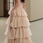 Attractive Spaghetti Straps Prom Dress Beige Sequins Tiered A-Line Evening Dress D0413