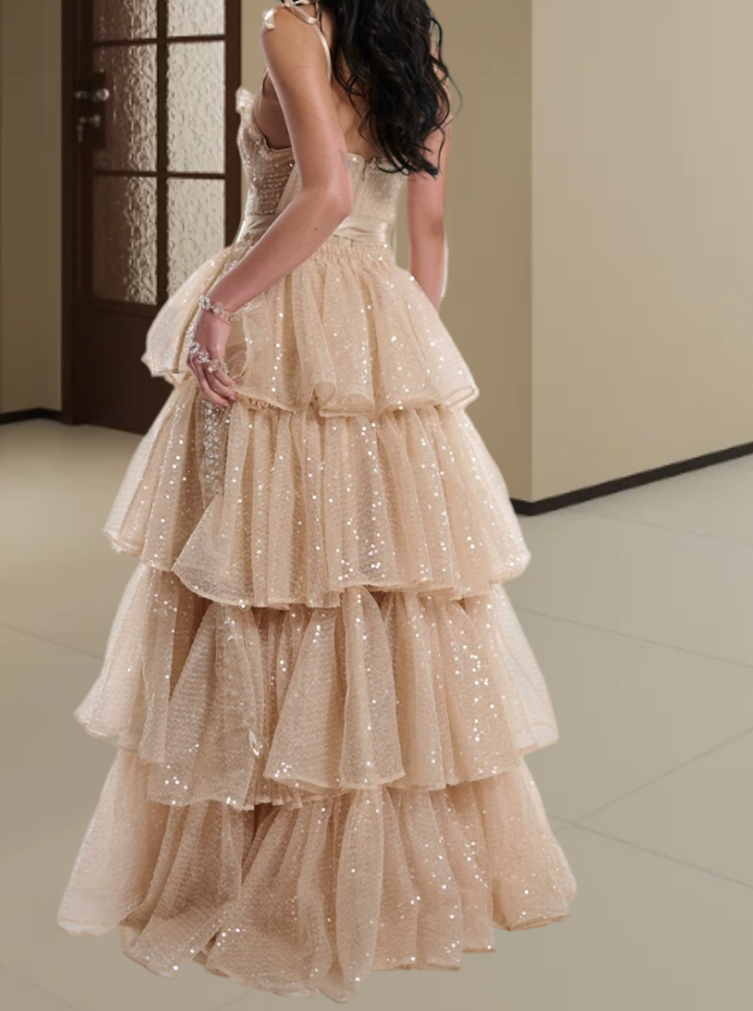Attractive Spaghetti Straps Prom Dress Beige Sequins Tiered A-Line Evening Dress D0413