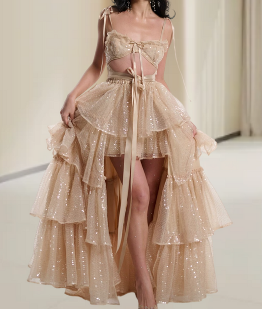 Attractive Spaghetti Straps Prom Dress Beige Sequins Tiered A-Line Evening Dress D0413