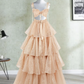Attractive Spaghetti Straps Prom Dress Beige Sequins Tiered A-Line Evening Dress D0413