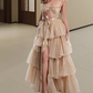 Attractive Spaghetti Straps Prom Dress Beige Sequins Tiered A-Line Evening Dress D0413
