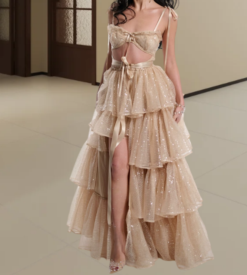 Attractive Spaghetti Straps Prom Dress Beige Sequins Tiered A-Line Evening Dress D0413