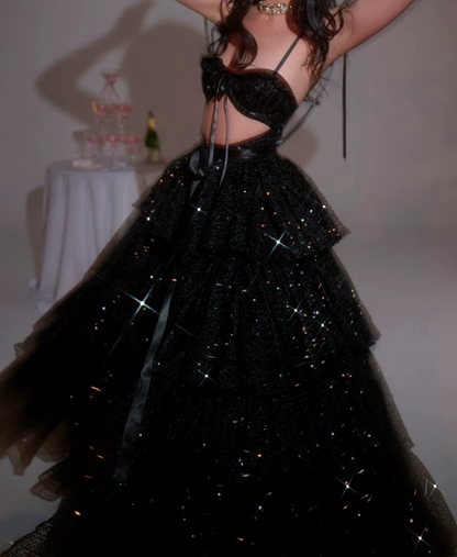 Shiny Spaghetti Straps Prom Dress Black Sequins Tiered A-Line Evening Dress D0414