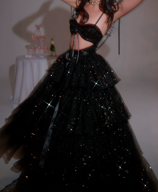 Shiny Spaghetti Straps Prom Dress Black Sequins Tiered A-Line Evening Dress D0414