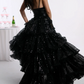 Shiny Spaghetti Straps Prom Dress Black Sequins Tiered A-Line Evening Dress D0414