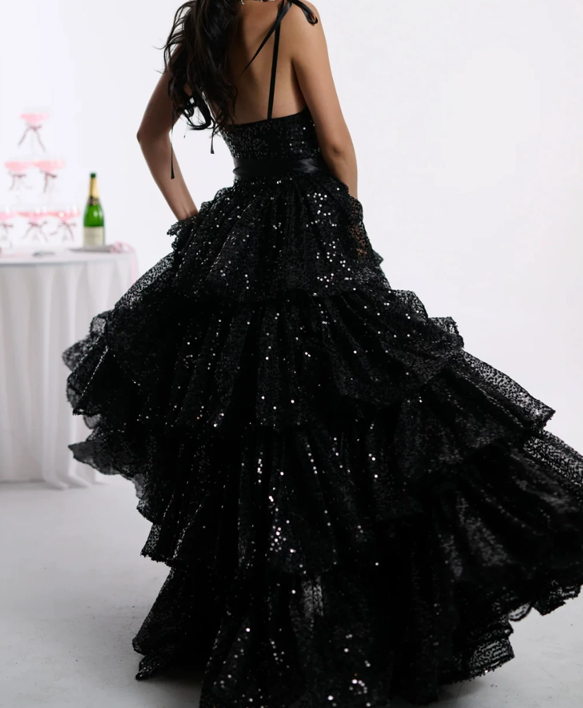 Shiny Spaghetti Straps Prom Dress Black Sequins Tiered A-Line Evening Dress D0414