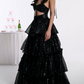 Shiny Spaghetti Straps Prom Dress Black Sequins Tiered A-Line Evening Dress D0414