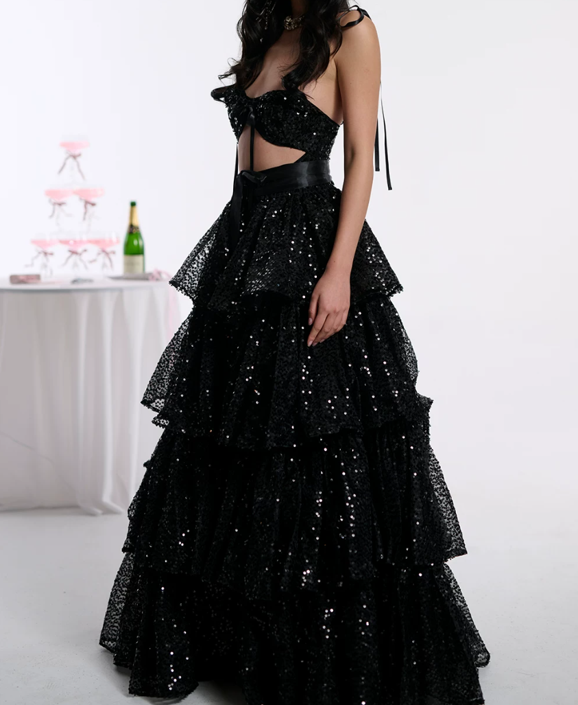 Shiny Spaghetti Straps Prom Dress Black Sequins Tiered A-Line Evening Dress D0414