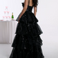 Shiny Spaghetti Straps Prom Dress Black Sequins Tiered A-Line Evening Dress D0414