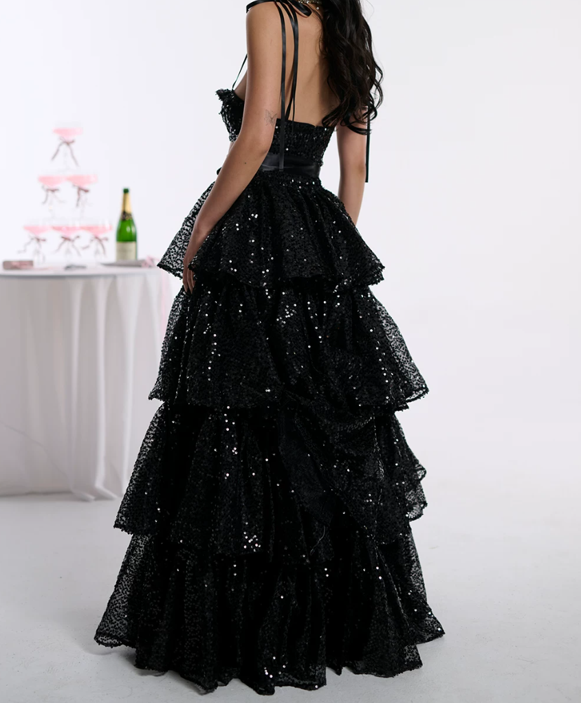 Shiny Spaghetti Straps Prom Dress Black Sequins Tiered A-Line Evening Dress D0414