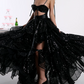 Shiny Spaghetti Straps Prom Dress Black Sequins Tiered A-Line Evening Dress D0414