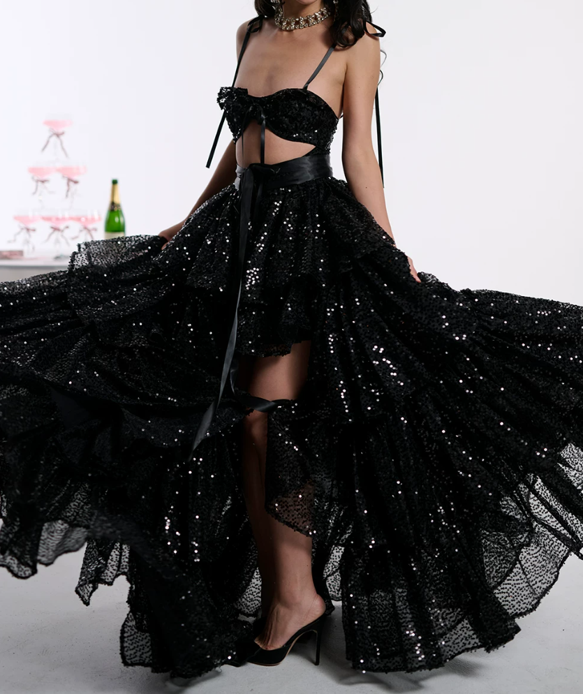 Shiny Spaghetti Straps Prom Dress Black Sequins Tiered A-Line Evening Dress D0414