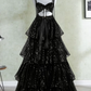 Shiny Spaghetti Straps Prom Dress Black Sequins Tiered A-Line Evening Dress D0414
