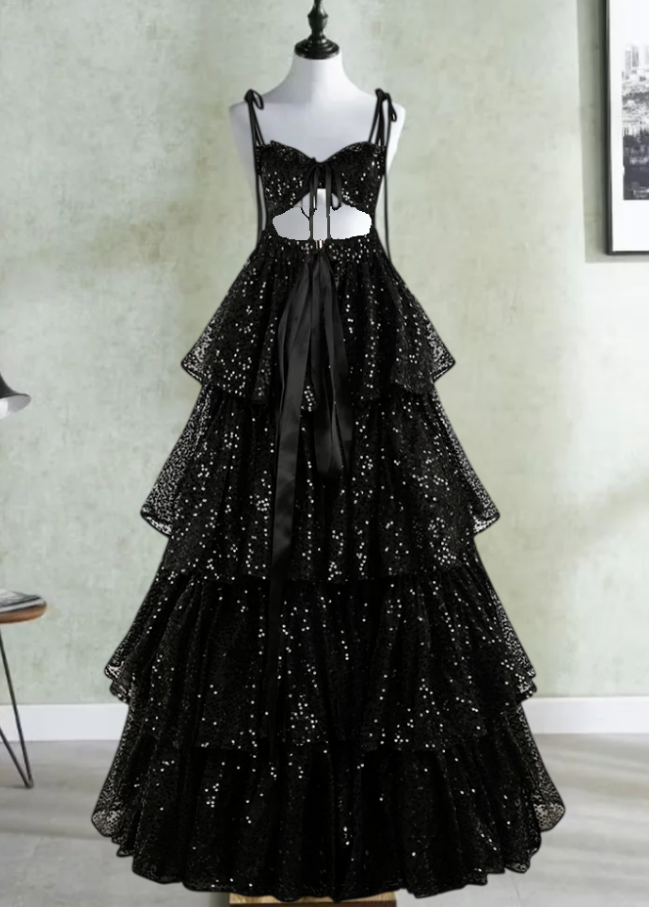 Shiny Spaghetti Straps Prom Dress Black Sequins Tiered A-Line Evening Dress D0414