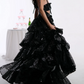 Shiny Spaghetti Straps Prom Dress Black Sequins Tiered A-Line Evening Dress D0414