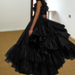 Vintage Sleeveless Prom Dress Black Lace Tiered A-Line Evening Dress D0415