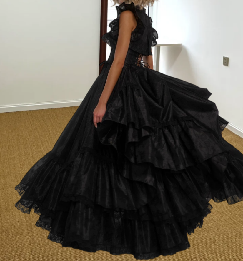 Vintage Sleeveless Prom Dress Black Lace Tiered A-Line Evening Dress D0415