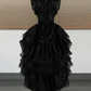 Vintage Sleeveless Prom Dress Black Lace Tiered A-Line Evening Dress D0415