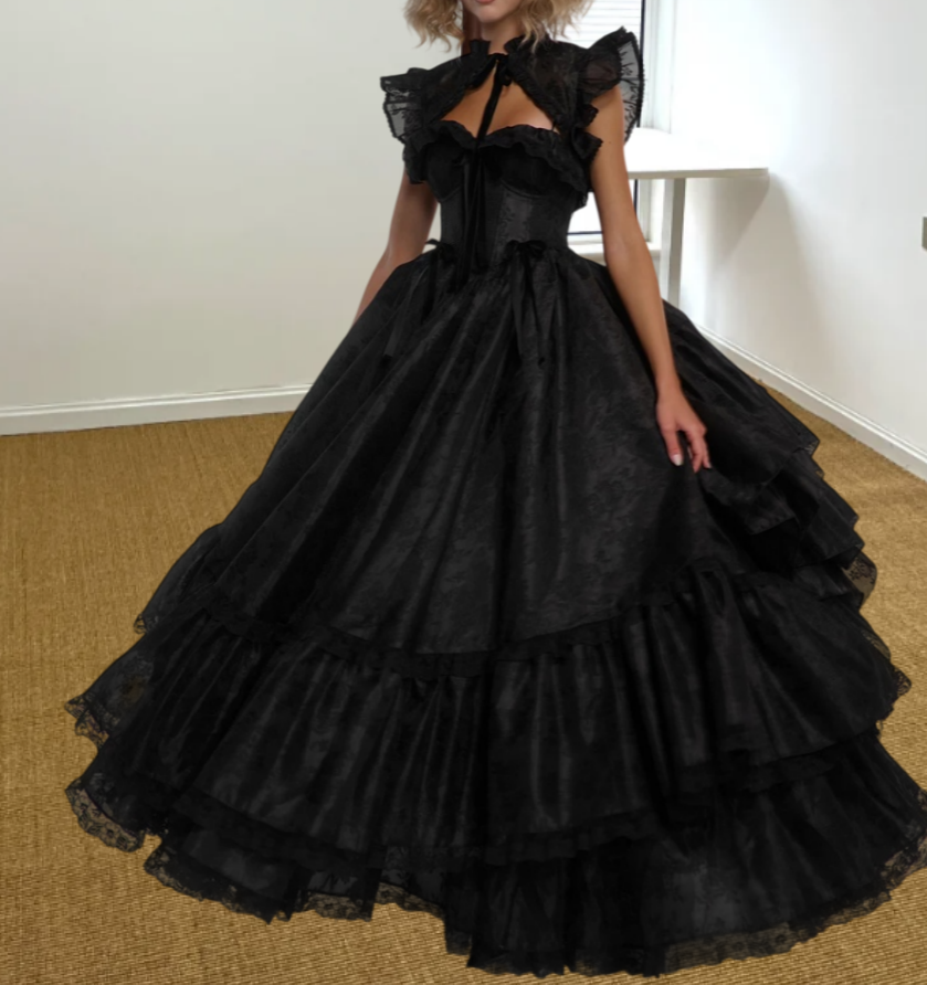 Vintage Sleeveless Prom Dress Black Lace Tiered A-Line Evening Dress D0415
