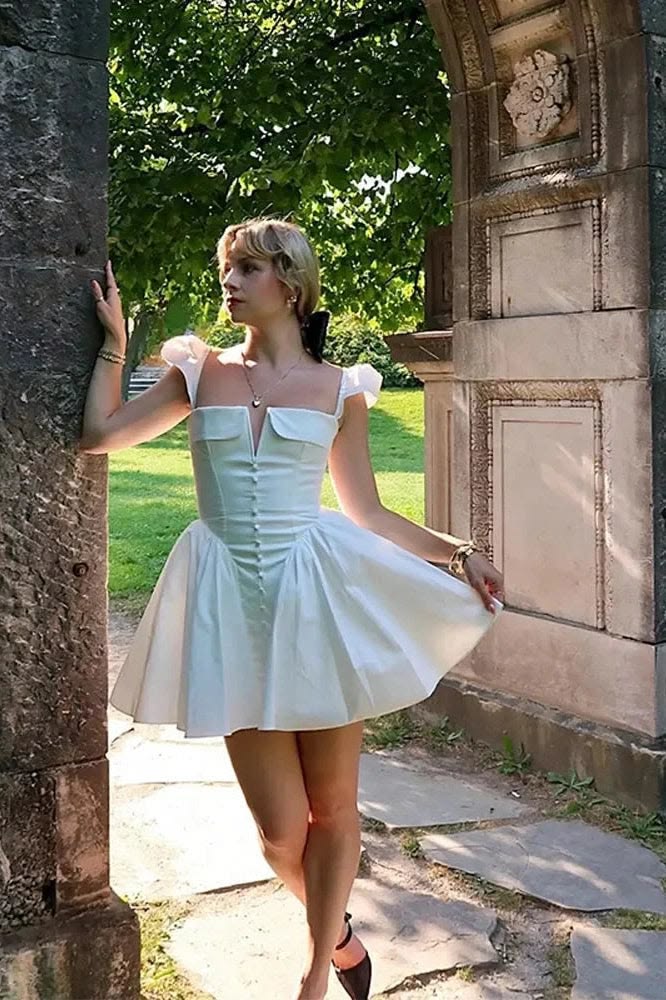 Elegant Spaghetti Straps Homecoming Dress White A-Line Birthday Dress D0417