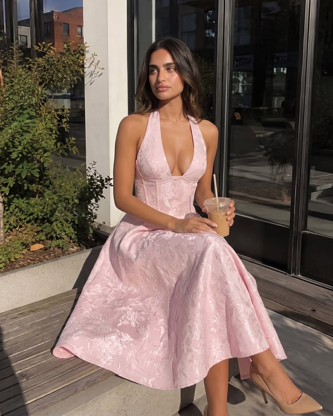 Vintage Halter Neck Prom Dress Jacquard A-Line Evening Dress D0419
