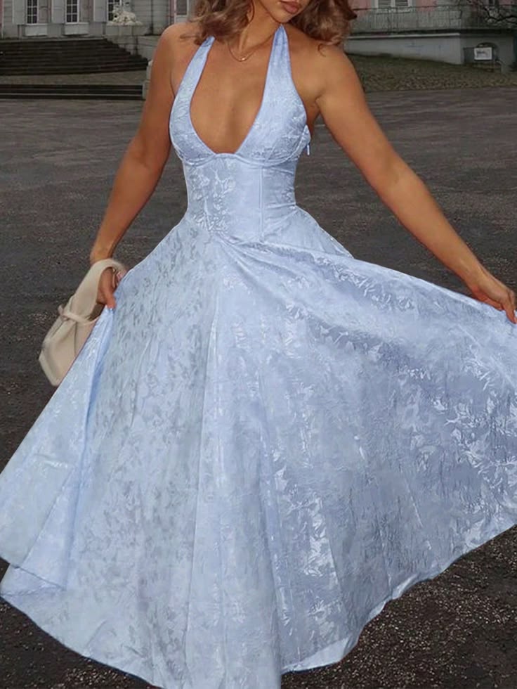 Vintage Halter Neck Prom Dress Jacquard A-Line Evening Dress D0419