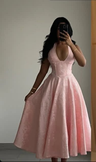 Vintage Halter Neck Prom Dress Jacquard A-Line Evening Dress D0419