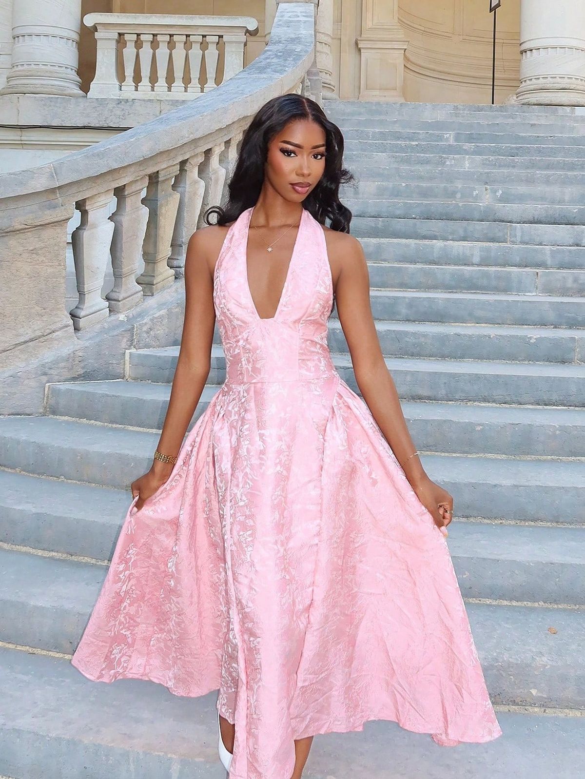 Vintage Halter Neck Prom Dress Jacquard A-Line Evening Dress D0419