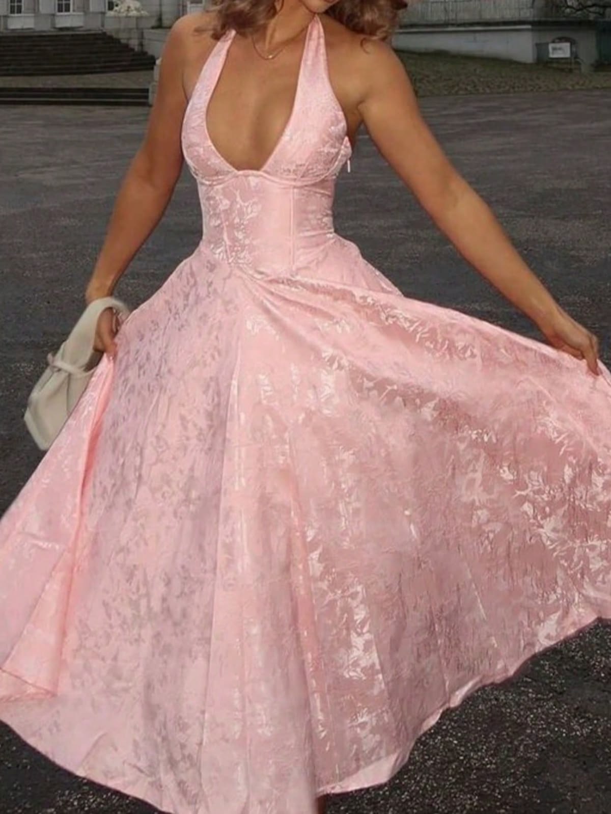 Vintage Halter Neck Prom Dress Jacquard A-Line Evening Dress D0419