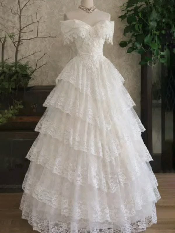 Graceful Off The Shoulder Wedding Dresses Lace Tiered A-Line Bridal Dress D0428