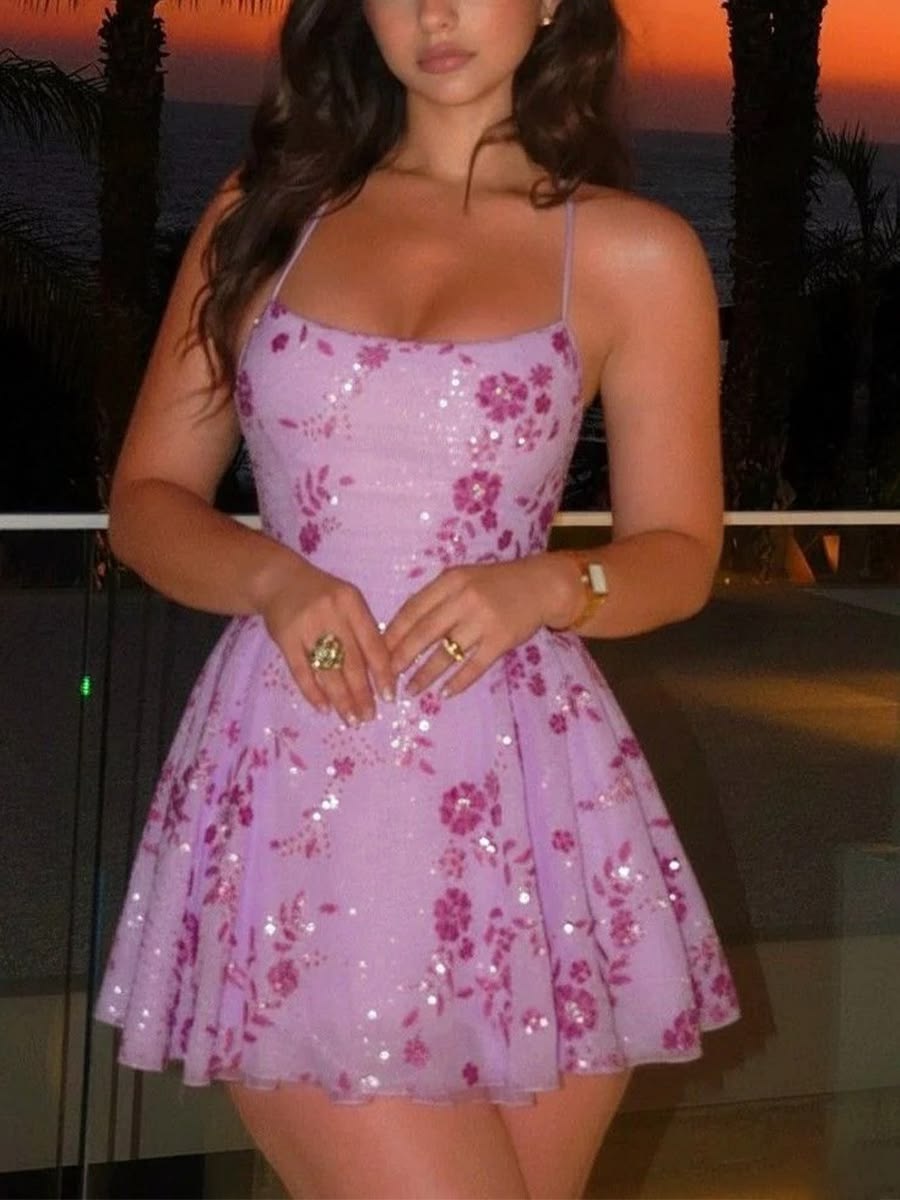 Glamorous Spaghetti Straps Homecoming Dress Floral Sequins A-Line Birthday Dress D0429