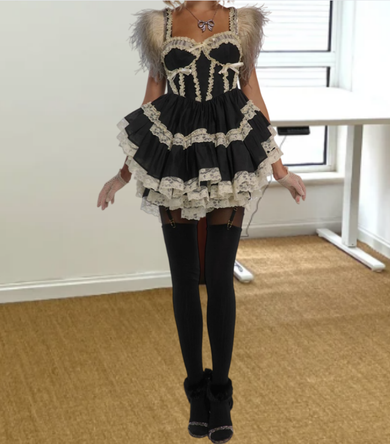 Retro Spaghetti Straps Homecoming Dress Black Lace Bows A-Line Birthday Dress D0435