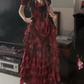 Vintage V Neck Bows Prom Dress Red Plaid Tiered Mermaid Evening Dress D0436