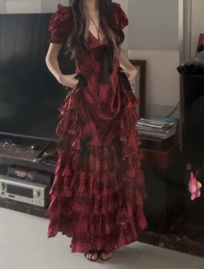 Vintage V Neck Bows Prom Dress Red Plaid Tiered Mermaid Evening Dress D0436