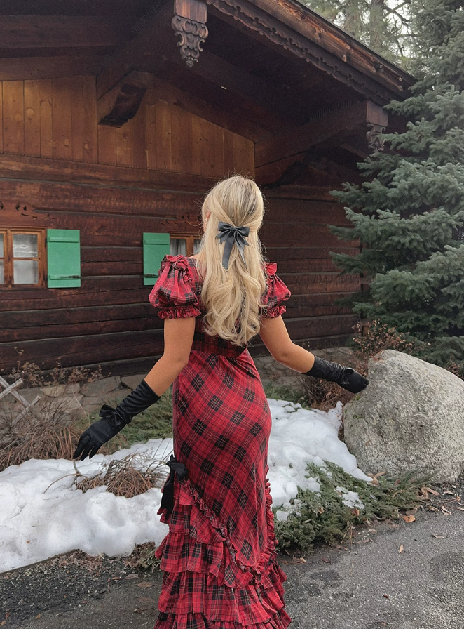 Vintage V Neck Bows Prom Dress Red Plaid Tiered Mermaid Evening Dress D0436