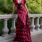 Vintage V Neck Bows Prom Dress Red Plaid Tiered Mermaid Evening Dress D0436