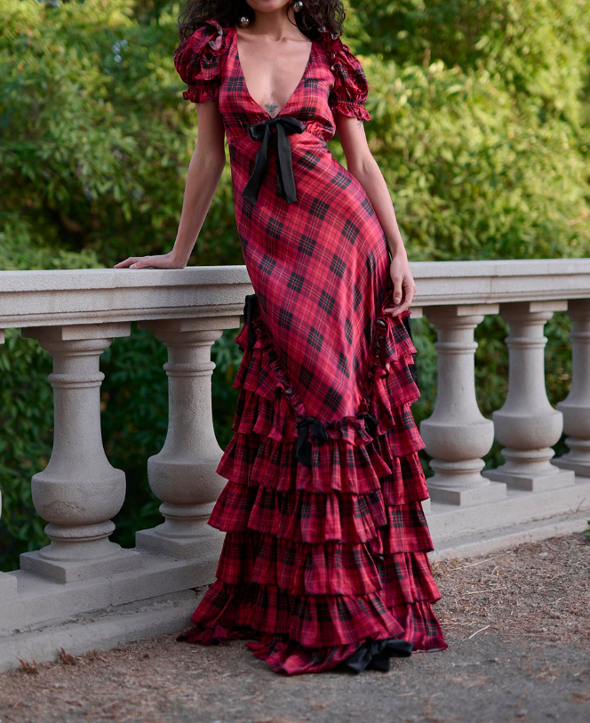 Vintage V Neck Bows Prom Dress Red Plaid Tiered Mermaid Evening Dress D0436