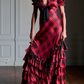 Vintage V Neck Bows Prom Dress Red Plaid Tiered Mermaid Evening Dress D0436