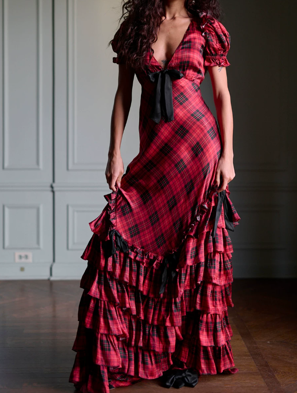 Vintage V Neck Bows Prom Dress Red Plaid Tiered Mermaid Evening Dress D0436