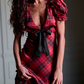Vintage V Neck Bows Prom Dress Red Plaid Tiered Mermaid Evening Dress D0436