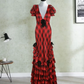 Vintage V Neck Bows Prom Dress Red Plaid Tiered Mermaid Evening Dress D0436