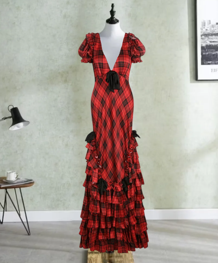 Vintage V Neck Bows Prom Dress Red Plaid Tiered Mermaid Evening Dress D0436