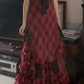Vintage V Neck Bows Prom Dress Red Plaid Tiered Mermaid Evening Dress D0436
