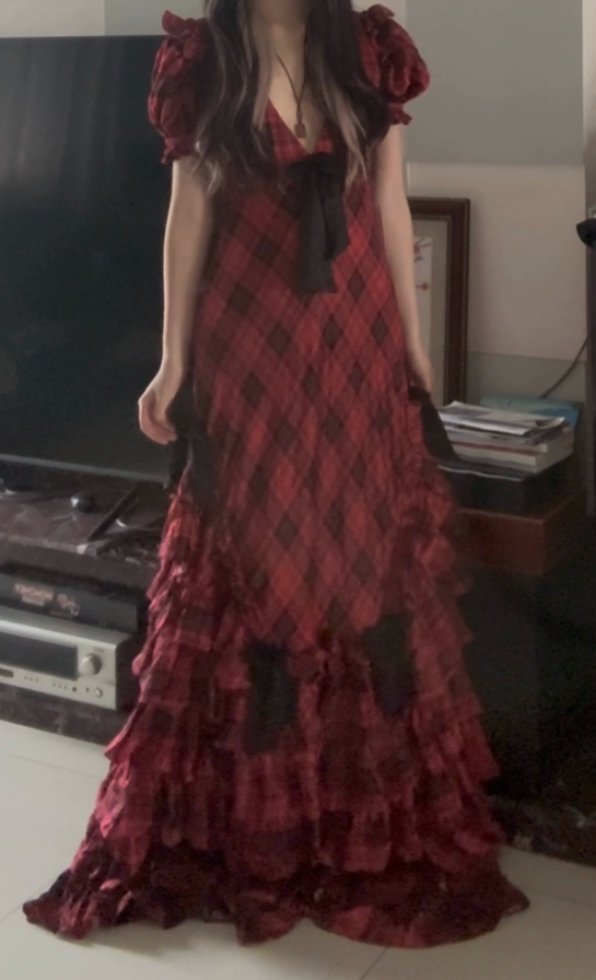 Vintage V Neck Bows Prom Dress Red Plaid Tiered Mermaid Evening Dress D0436