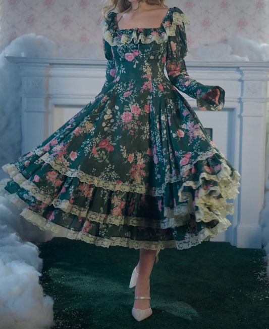 Cottagecore Square Neck Prom Dress Long Sleeve Green Floral A-Line Evening Dress D0439