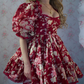Attractive Square Neck Homecoming Dress Red Long Sleeve Floral A-Line Birthday Dress D0440