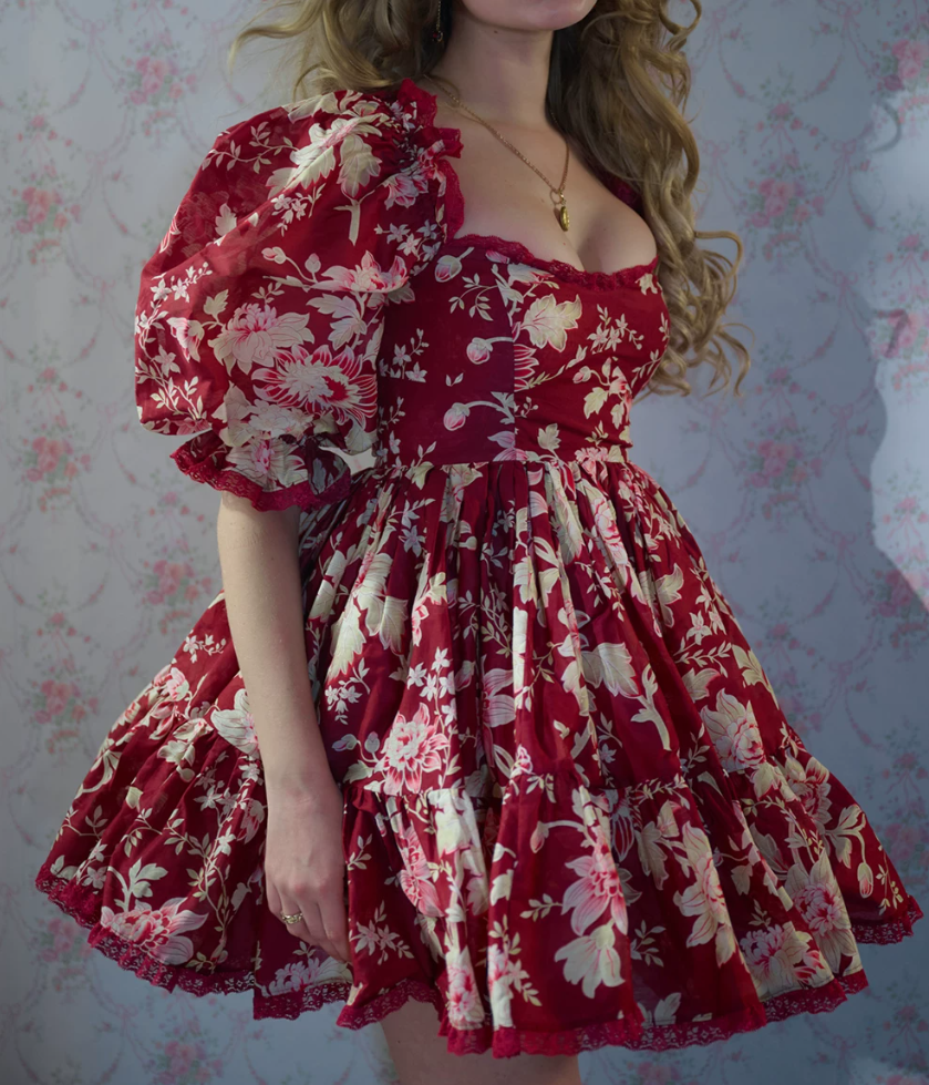 Attractive Square Neck Homecoming Dress Red Long Sleeve Floral A-Line Birthday Dress D0440