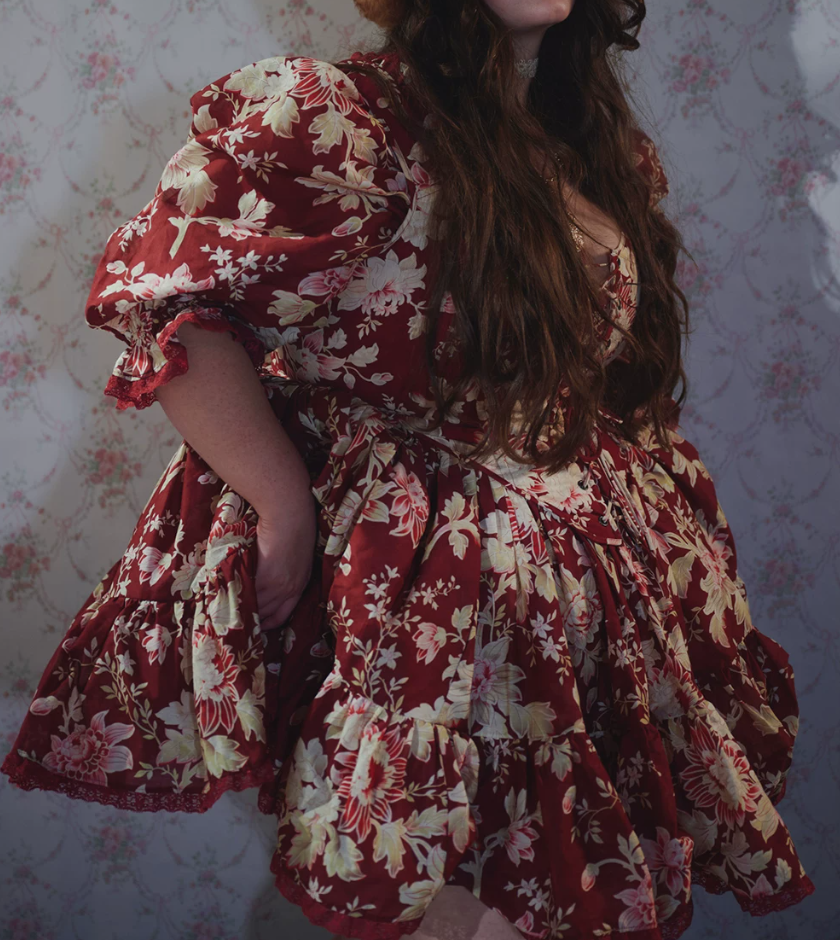 Attractive Square Neck Homecoming Dress Red Long Sleeve Floral A-Line Birthday Dress D0440
